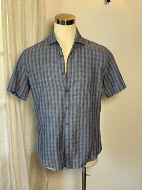 Bugatchi 100% Fine Linen Check Shirt Men's M Blue Brown Luxury Resort Summe